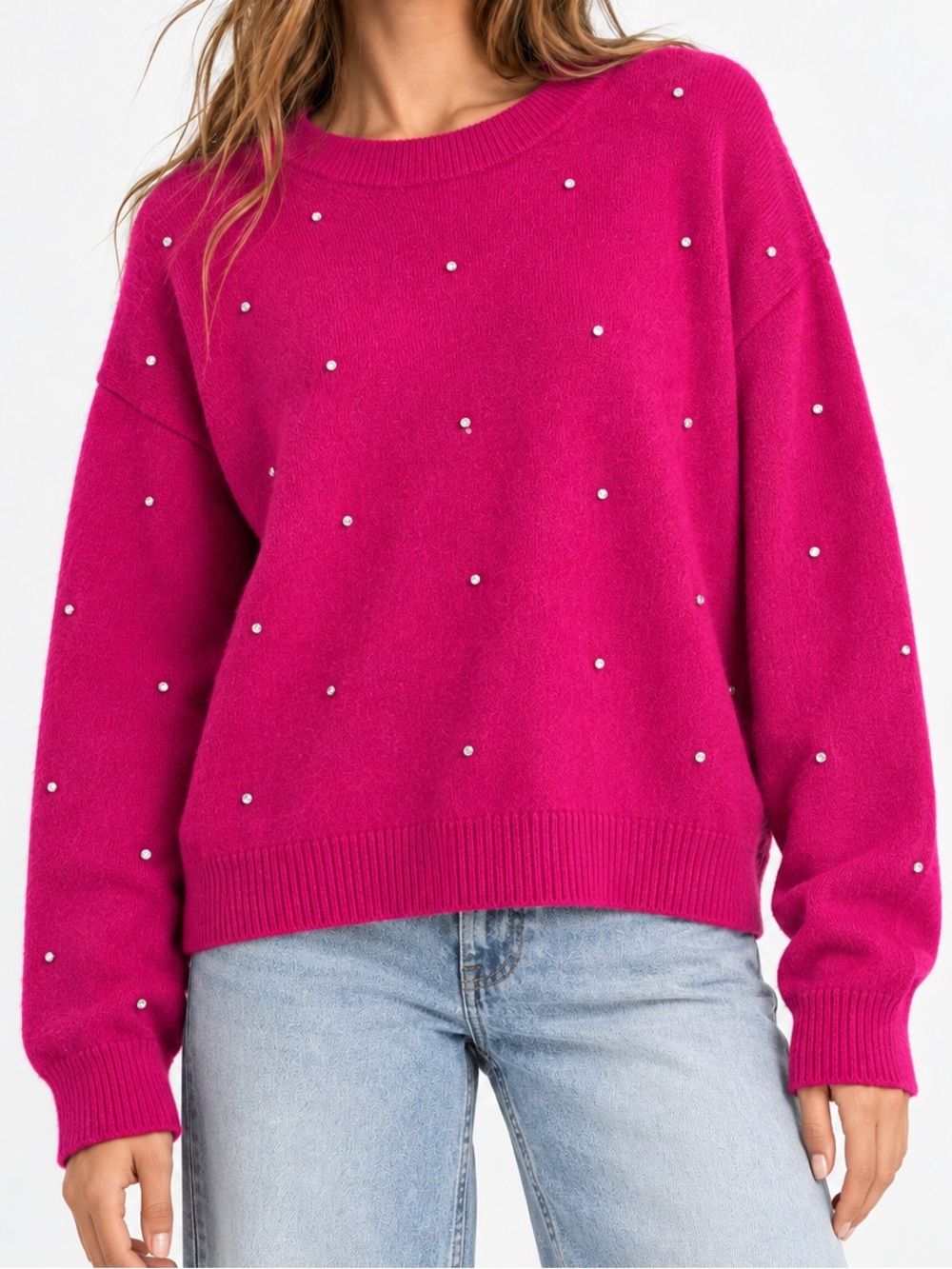 H&M Fuchsia Rhinestone Embellished Crewneck Sweater
